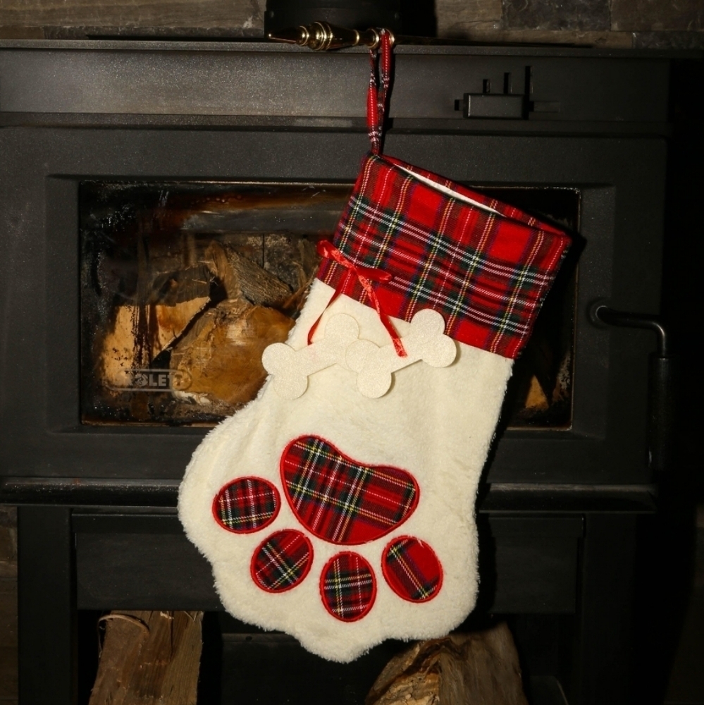 Plaid Pet Paw Fleece Stocking with Red Plaid Cuff *new*